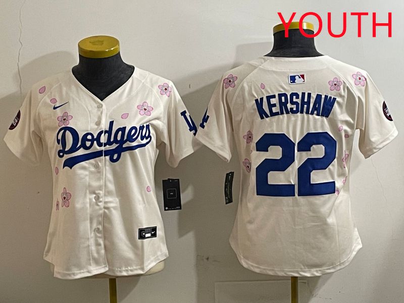 Youth Los Angeles Dodgers #22 Kershaw Cream Sakura Edition 2025 Nike MLB Jersey style 1->youth mlb jersey->Youth Jersey